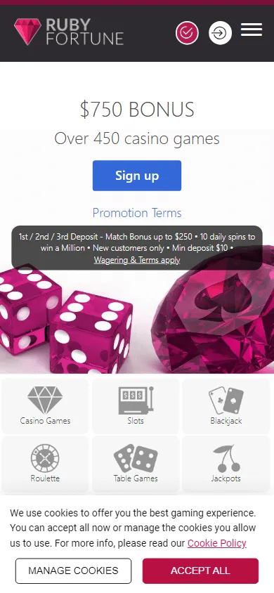 Ruby Fortune Casino promotions view on a mobile device