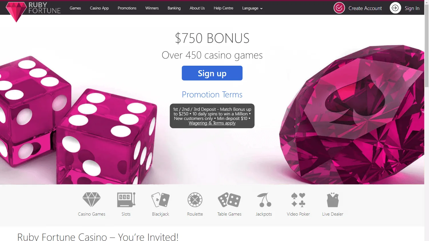 Ruby Fortune Casino home view on desktop