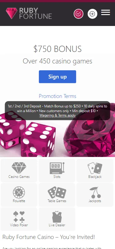 Ruby Fortune Casino home view on a mobile device